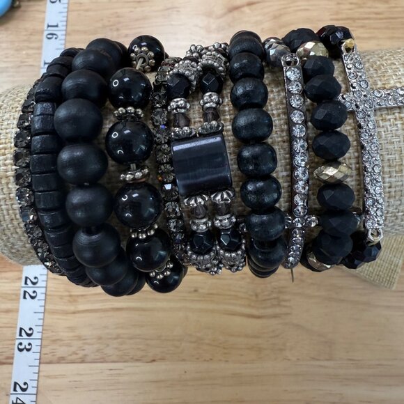 Black Beaded & Rhinestone Bracelet Stack Set Of 10 Stretchable For Wear Or Craft - Picture 2 of 10